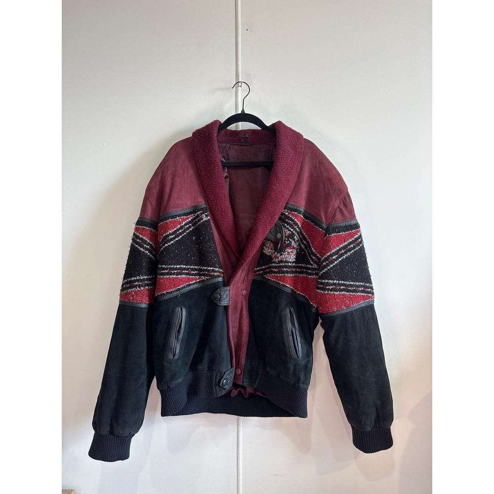 Vintage Zebra Jacket Mens XL Red Suede Southwestern Bomber Shawl Collar Italy